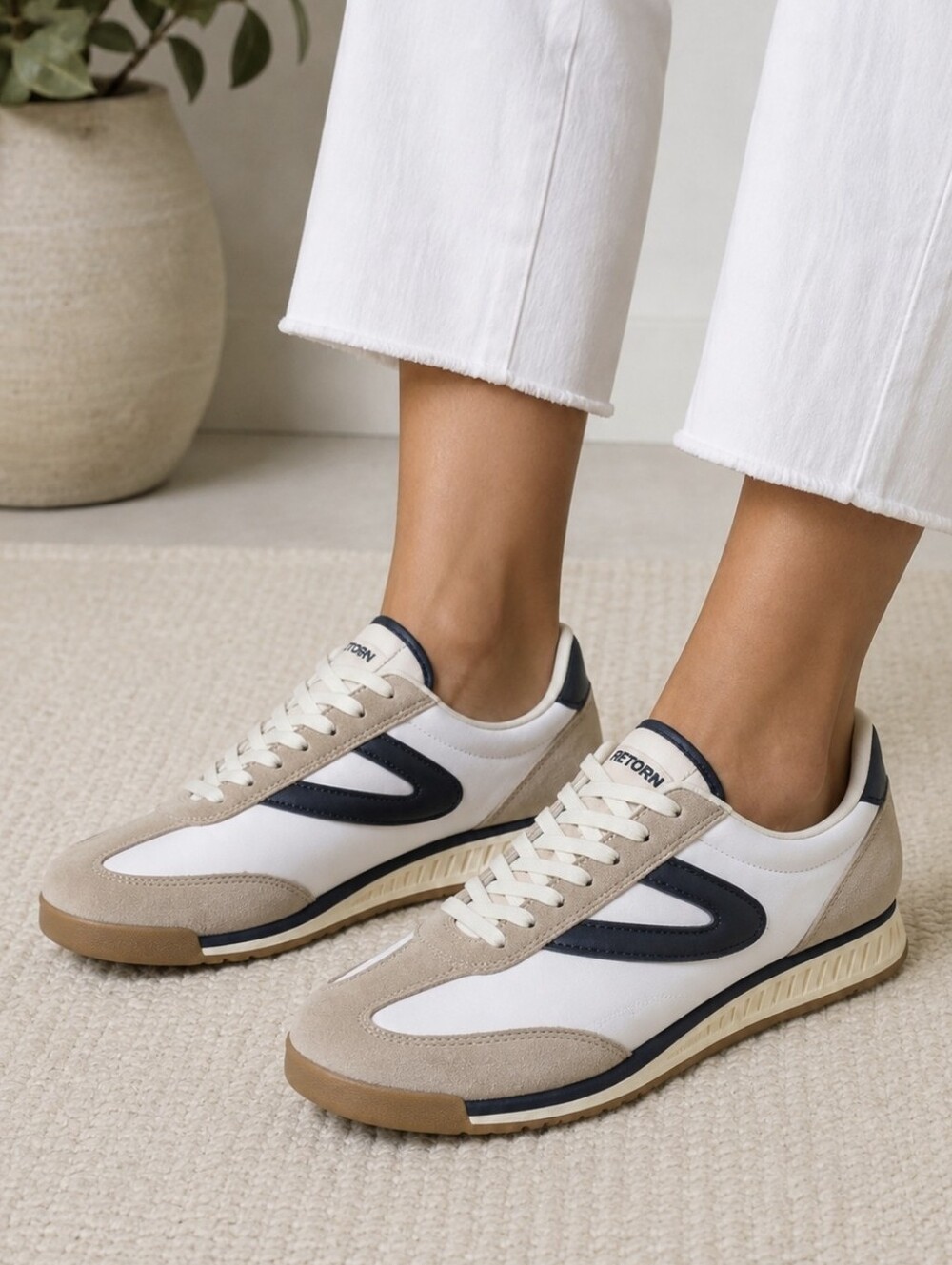 Tretorn Kristine Sneakers Leather/Nylon White/Navy Comfort Insole Women's Sz 7.5